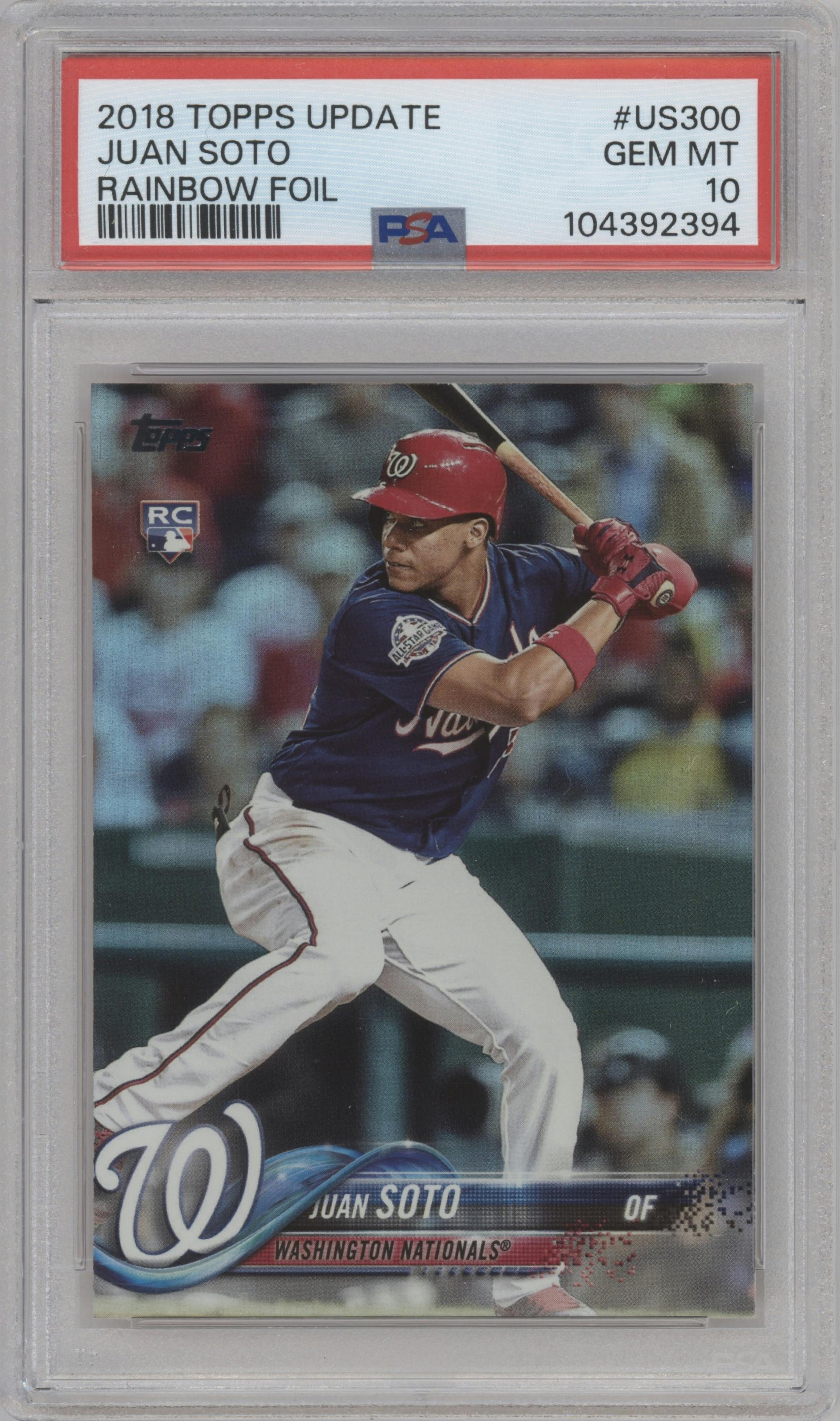 Juan Soto from the 2018 Topps Update set featuring a Rainbow Foil parallel graded by PSA and given an overall grade of 10.