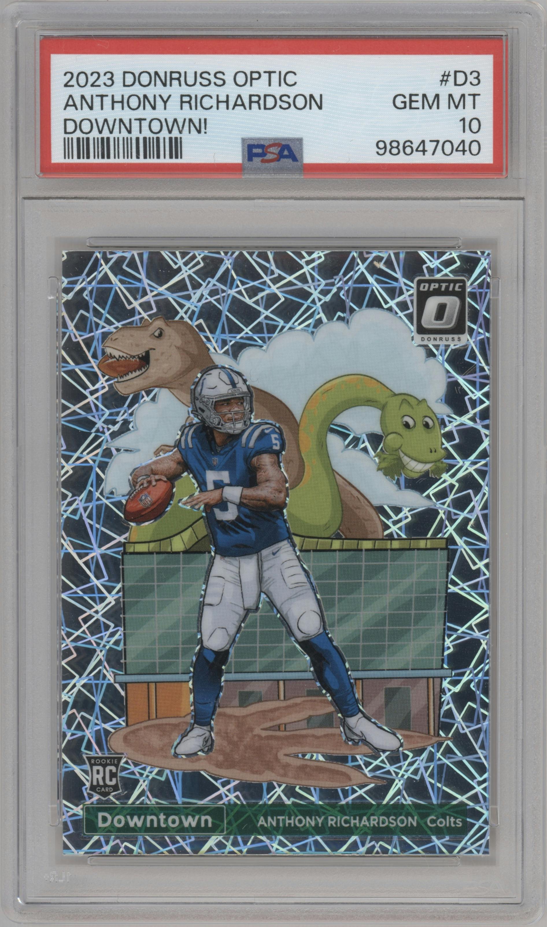 Anthony Richardson from the 2023 Donruss Optic set graded by PSA and given an overall grade of 10.