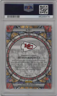 Patrick Mahomes II from the 2023 Panini Mosaic set graded by PSA and given an overall grade of 10.