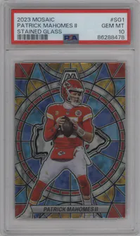 Patrick Mahomes II from the 2023 Panini Mosaic set graded by PSA and given an overall grade of 10.