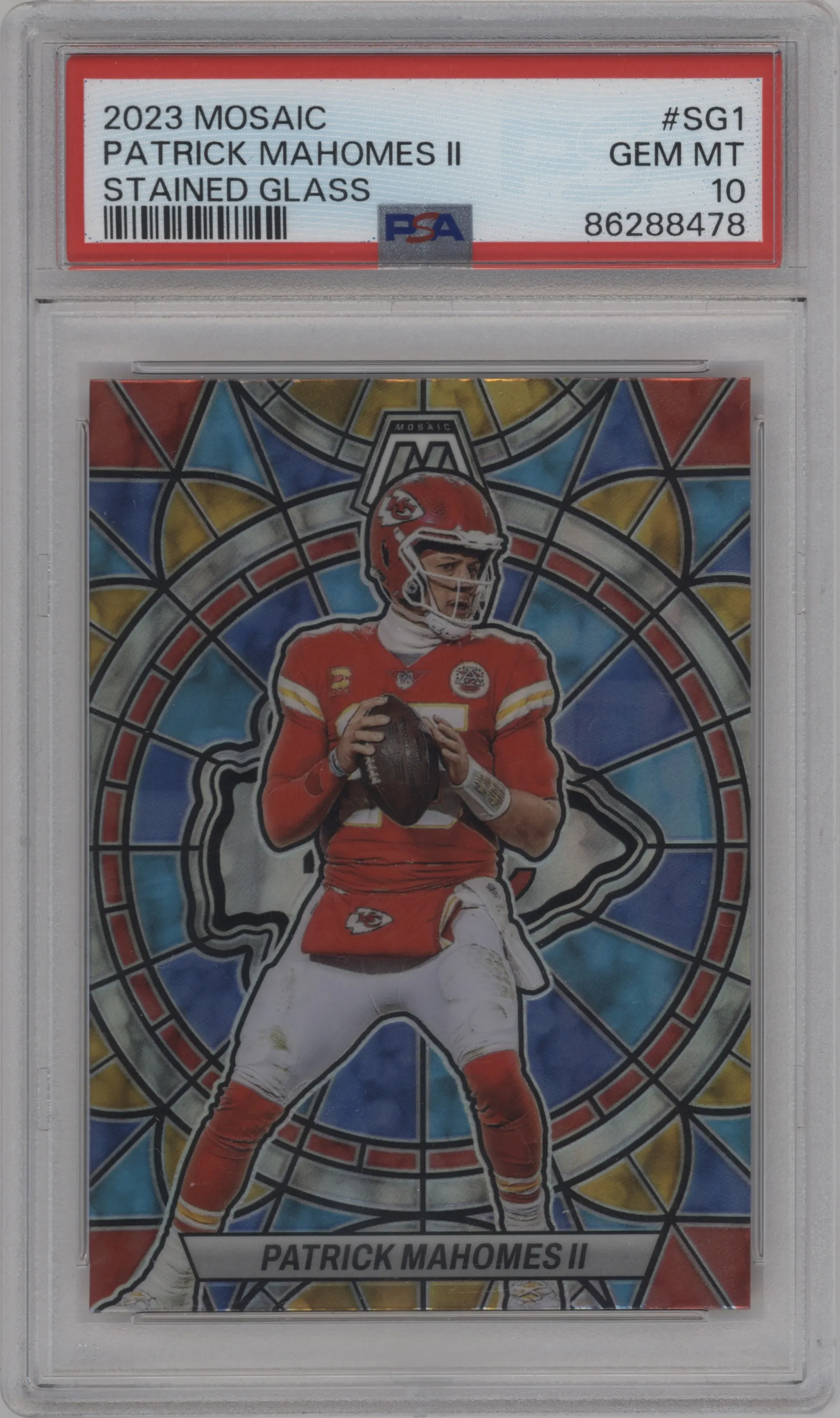 Patrick Mahomes II from the 2023 Panini Mosaic set graded by PSA and given an overall grade of 10.
