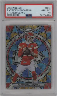Patrick Mahomes II from the 2023 Panini Mosaic set graded by PSA and given an overall grade of 10.