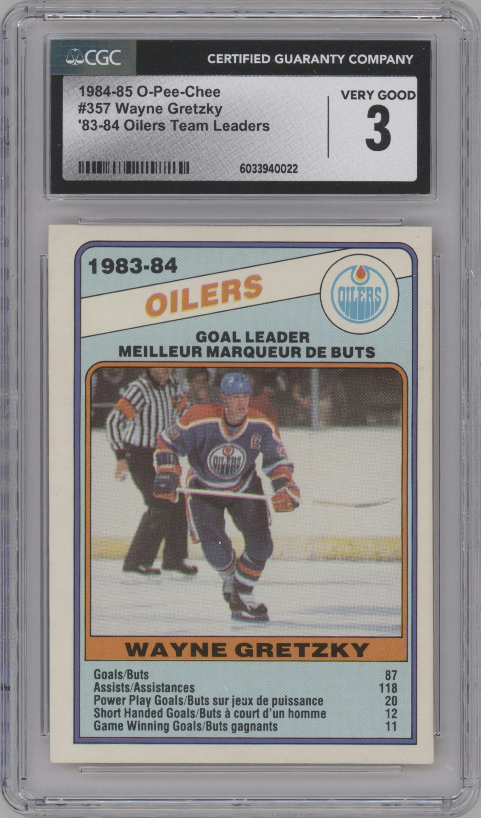 Wayne Gretzky from the 1984-85 O-Pee-Chee set graded by CSG and given an overall grade of 3.