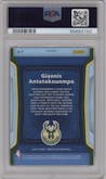 Giannis Antetokounmpo from the 2020-21 Panini Donruss Optic set featuring a Gold Wave parallel graded by PSA and given an overall grade of 10.