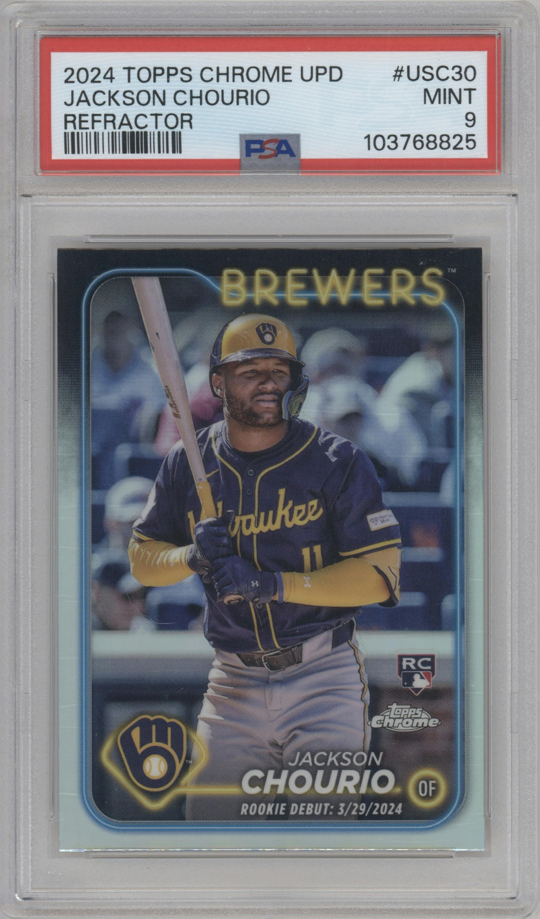 Jackson Chourio from the 2024 Topps Chrome Update set featuring a Refractor parallel graded by PSA and given an overall grade of 9.