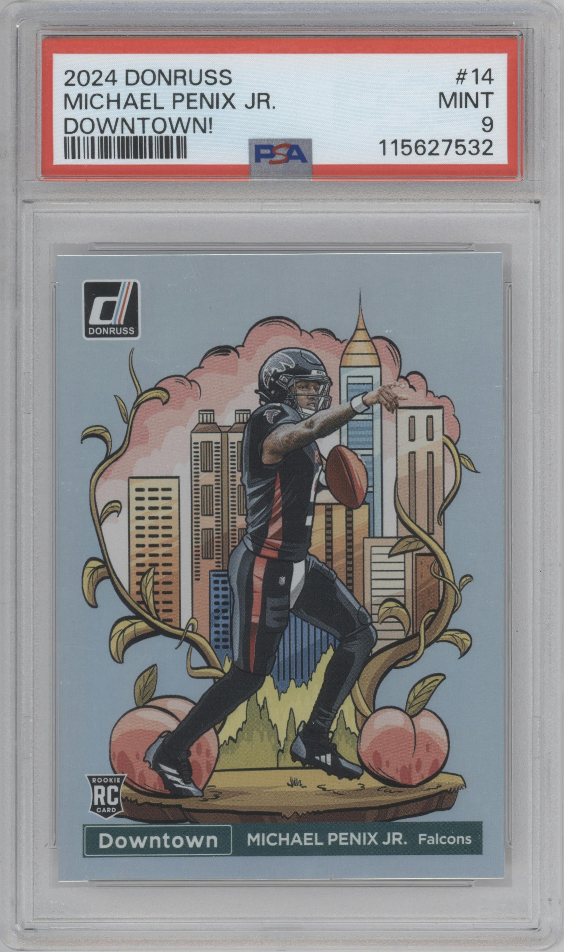 Michael Penix Jr. from the 2024 Donruss set graded by PSA and given an overall grade of 9.