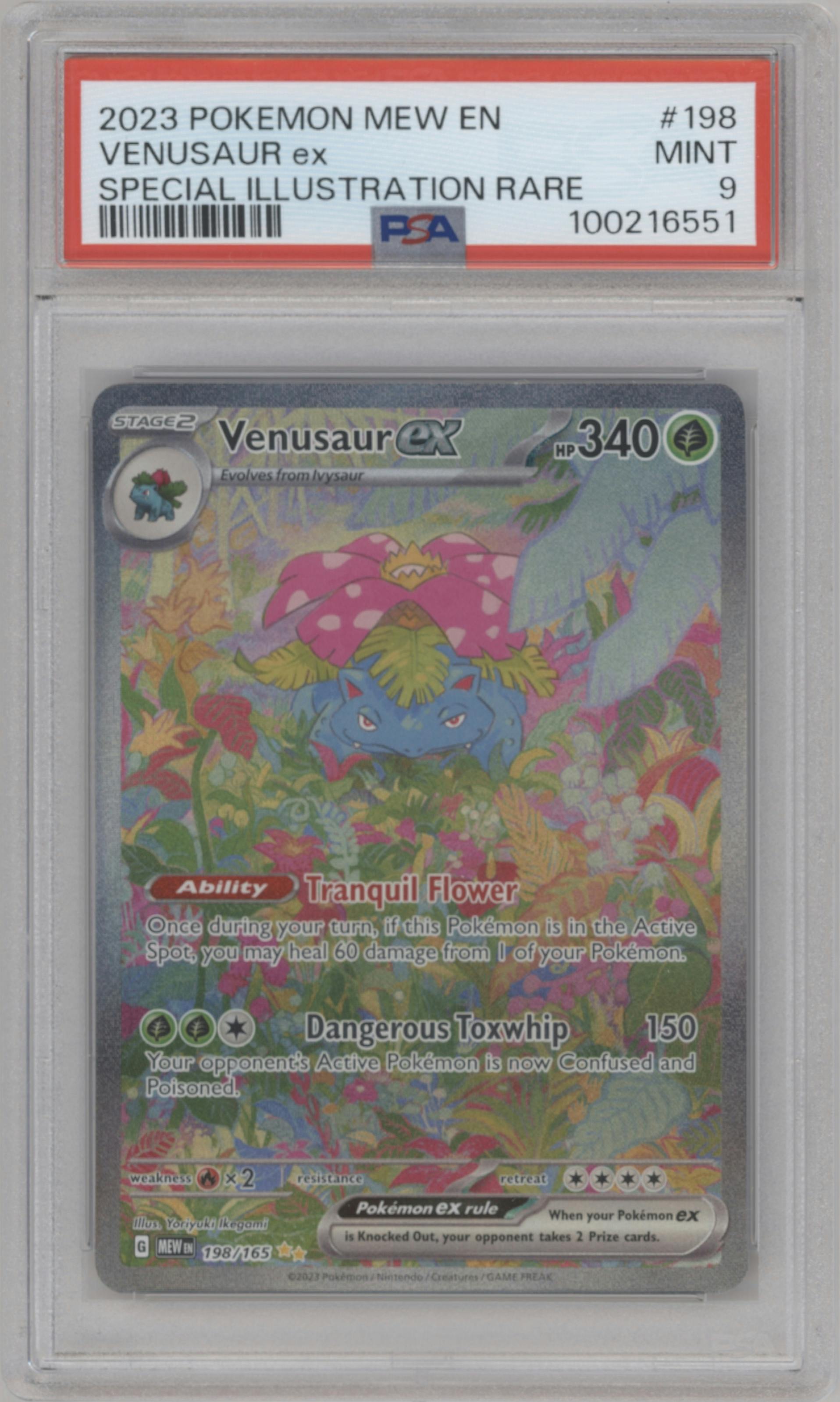 Venusaur ex from the 2023 Pokemon SV set graded by PSA and given an overall grade of 9.
