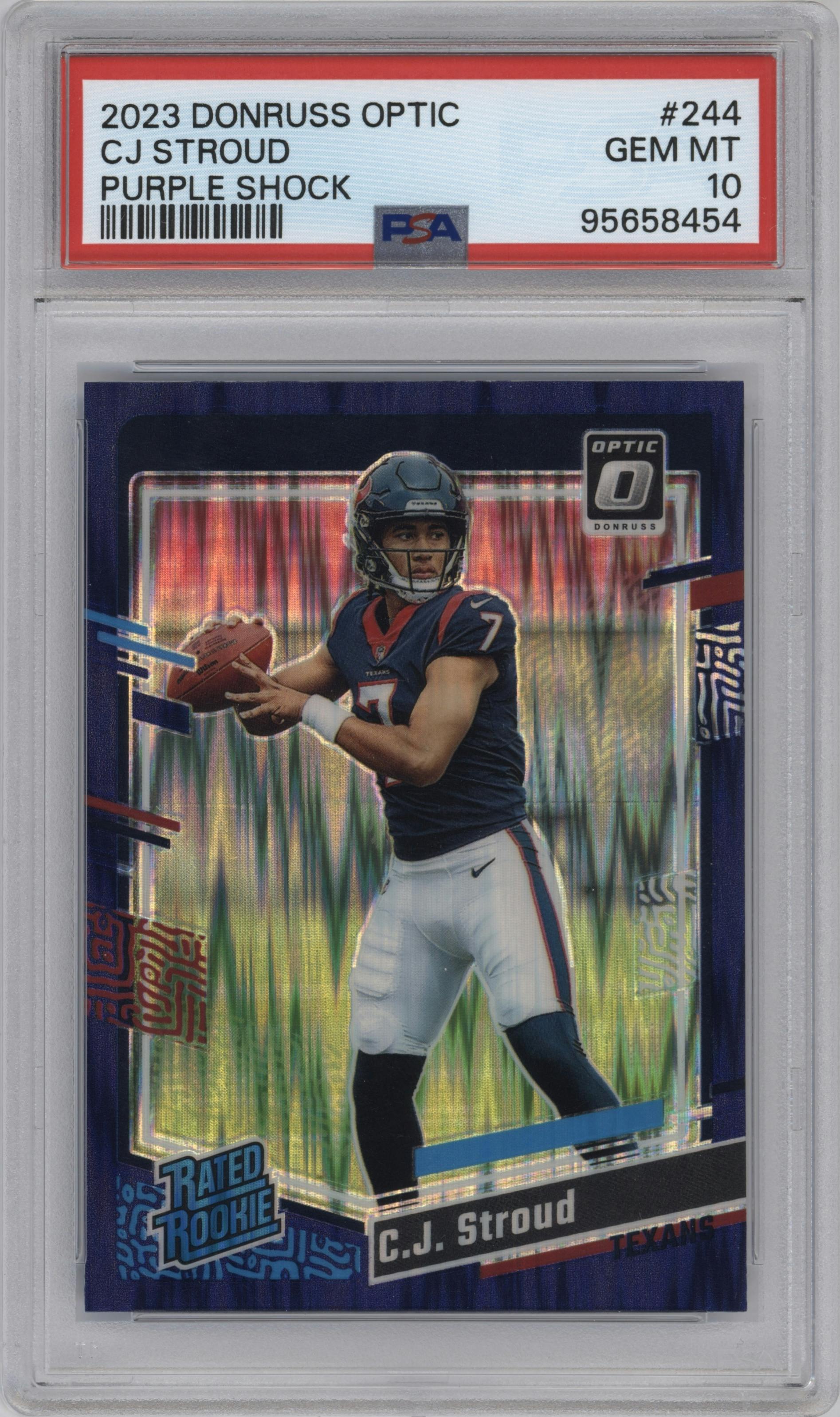 C.J. Stroud from the 2023 Donruss Optic set featuring a  Purple Shock parallel graded by PSA and given an overall grade of 10.