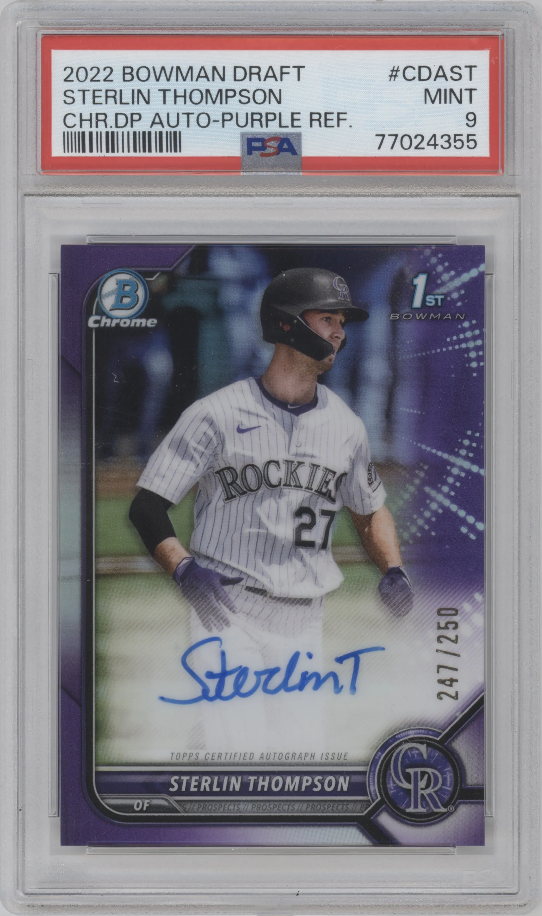 2022 Bowman Draft Chr.DP Auto Sterlin Thompson Purple Refractor PSA 9