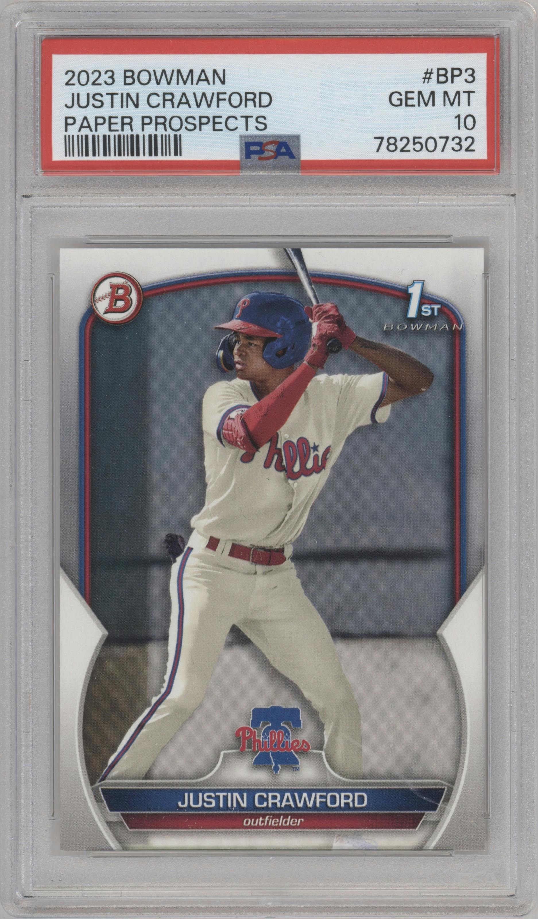 Justin Crawford from the 2023 Bowman  set graded by PSA and given an overall grade of 10.