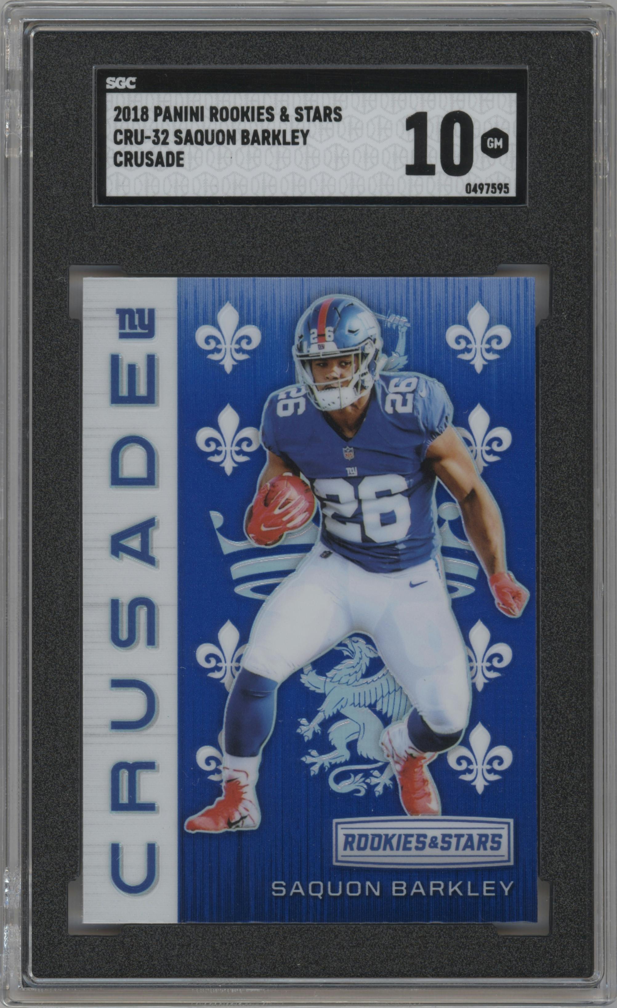 Saquon Barkley from the 2018 Panini Rookies & Stars set graded by SGC and given an overall grade of 10.