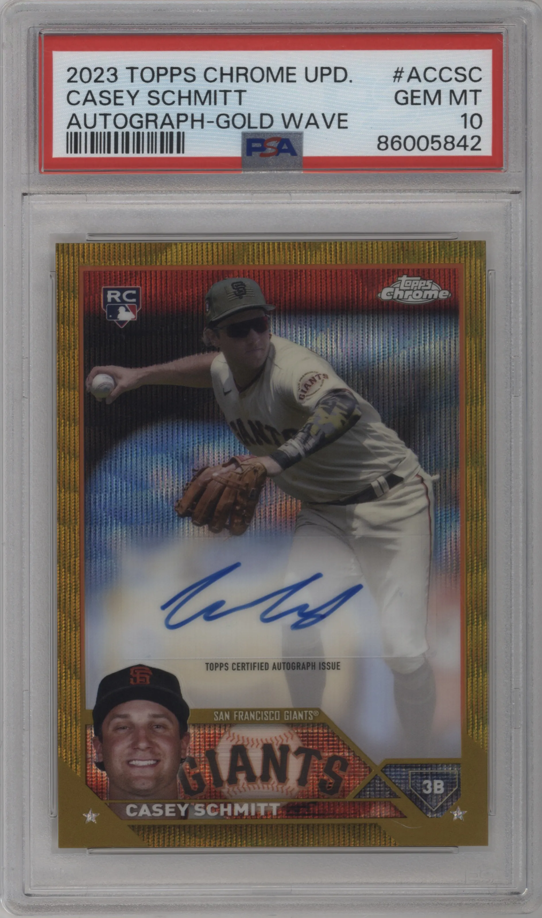 2023 Topps Chrome Update Auto Casey Schmitt Gold Wave Refractor PSA 10