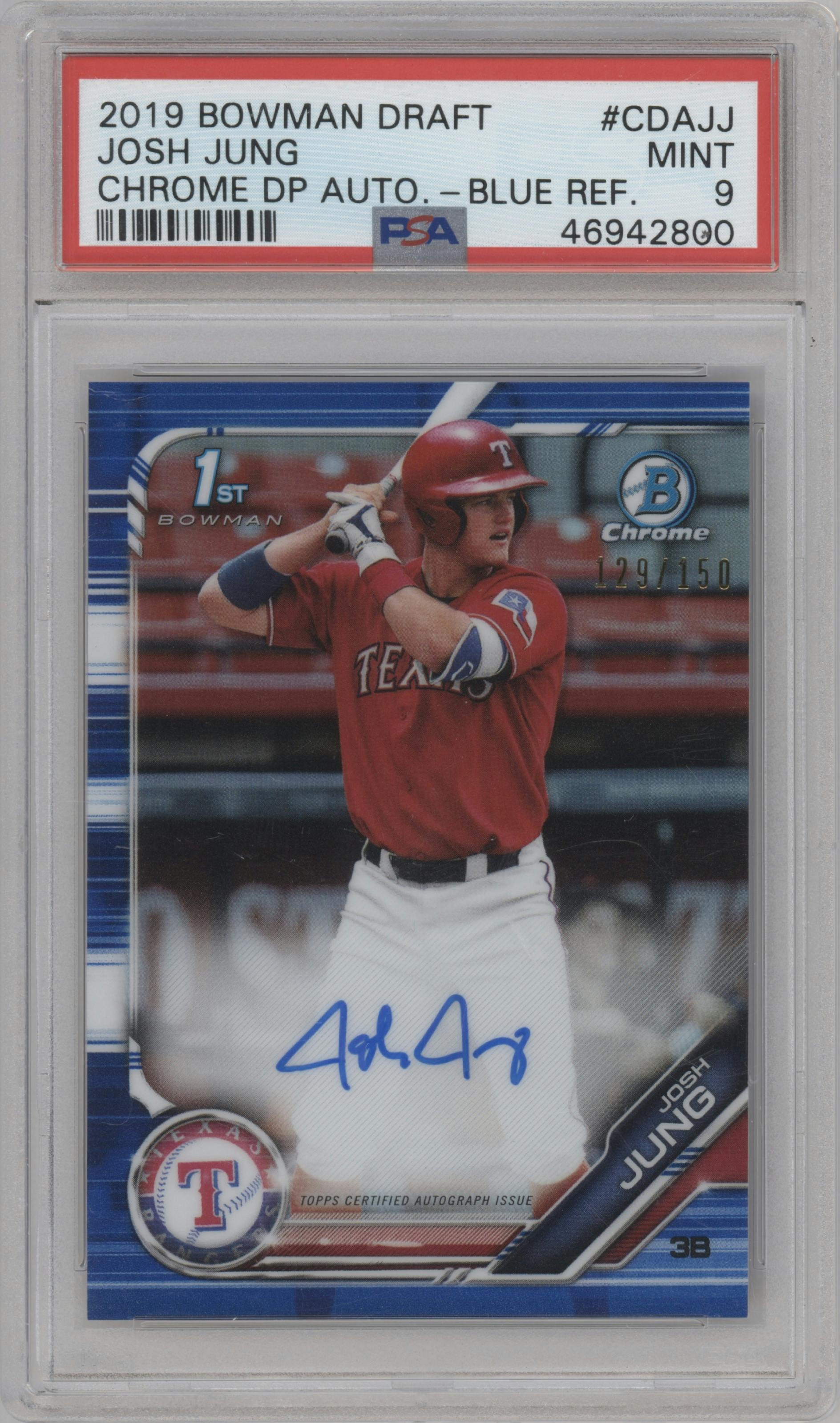 Josh Jung from the 2019 Bowman Draft set featuring a Blue Refractor parallel graded by PSA and given an overall grade of 9.