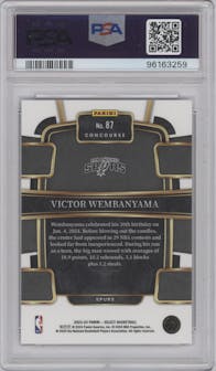 Victor Wembanyama from the 2023-24 Panini Select  set featuring a Blue Retail parallel graded by PSA and given an overall grade of 9.