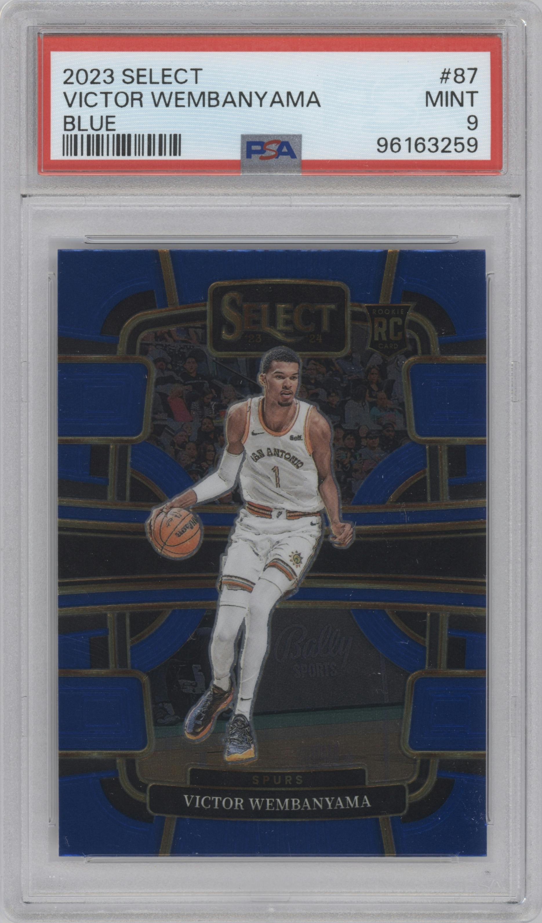Victor Wembanyama from the 2023-24 Panini Select  set featuring a Blue Retail parallel graded by PSA and given an overall grade of 9.