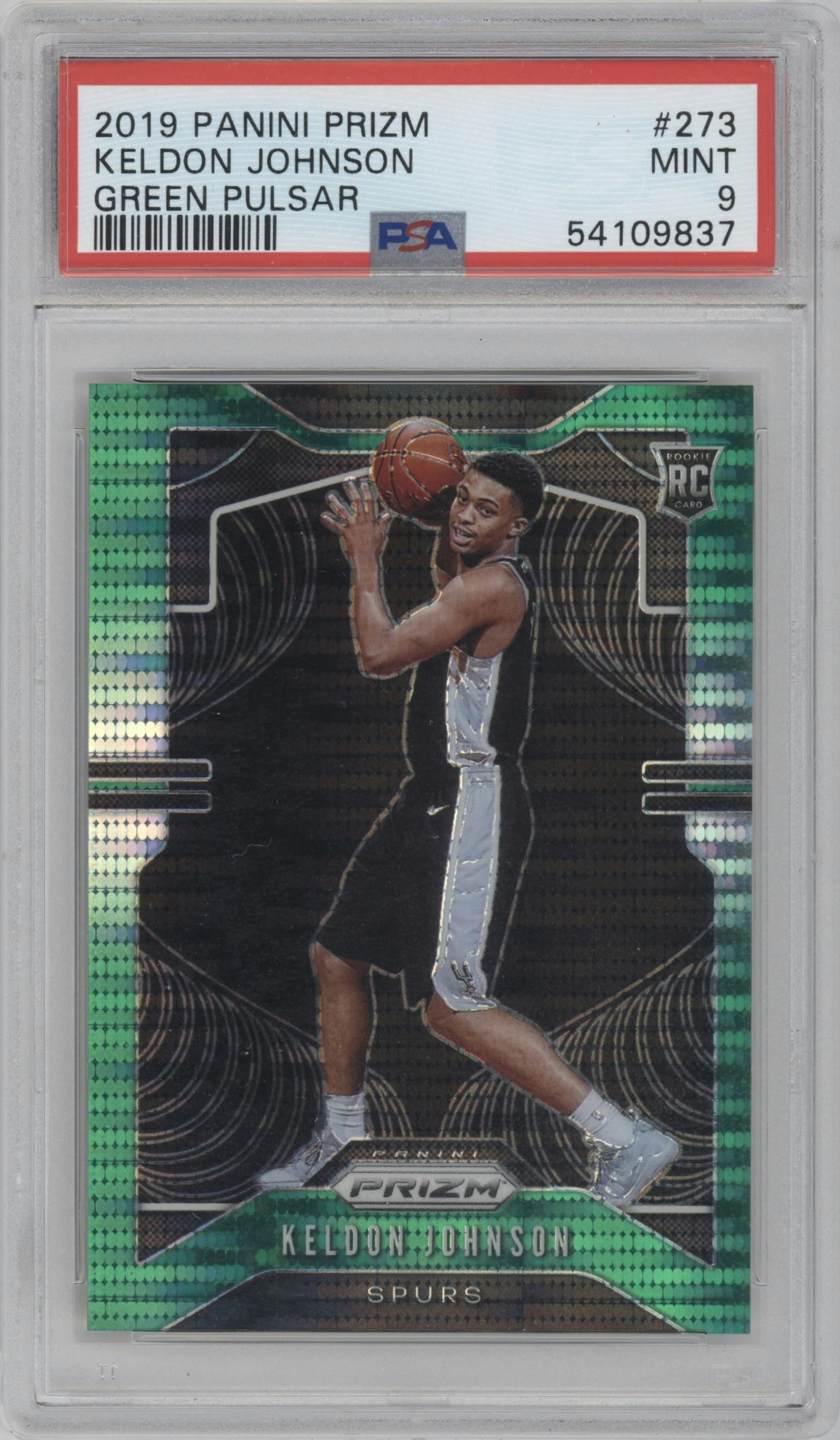 Keldon Johnson from the 2019-20 Panini Prizm set featuring a Green Pulsar parallel graded by PSA and given an overall grade of 9.
