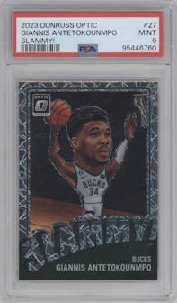 Giannis Antetokounmpo  from the 2023-24 Donruss Optic set graded by PSA and given an overall grade of 9.