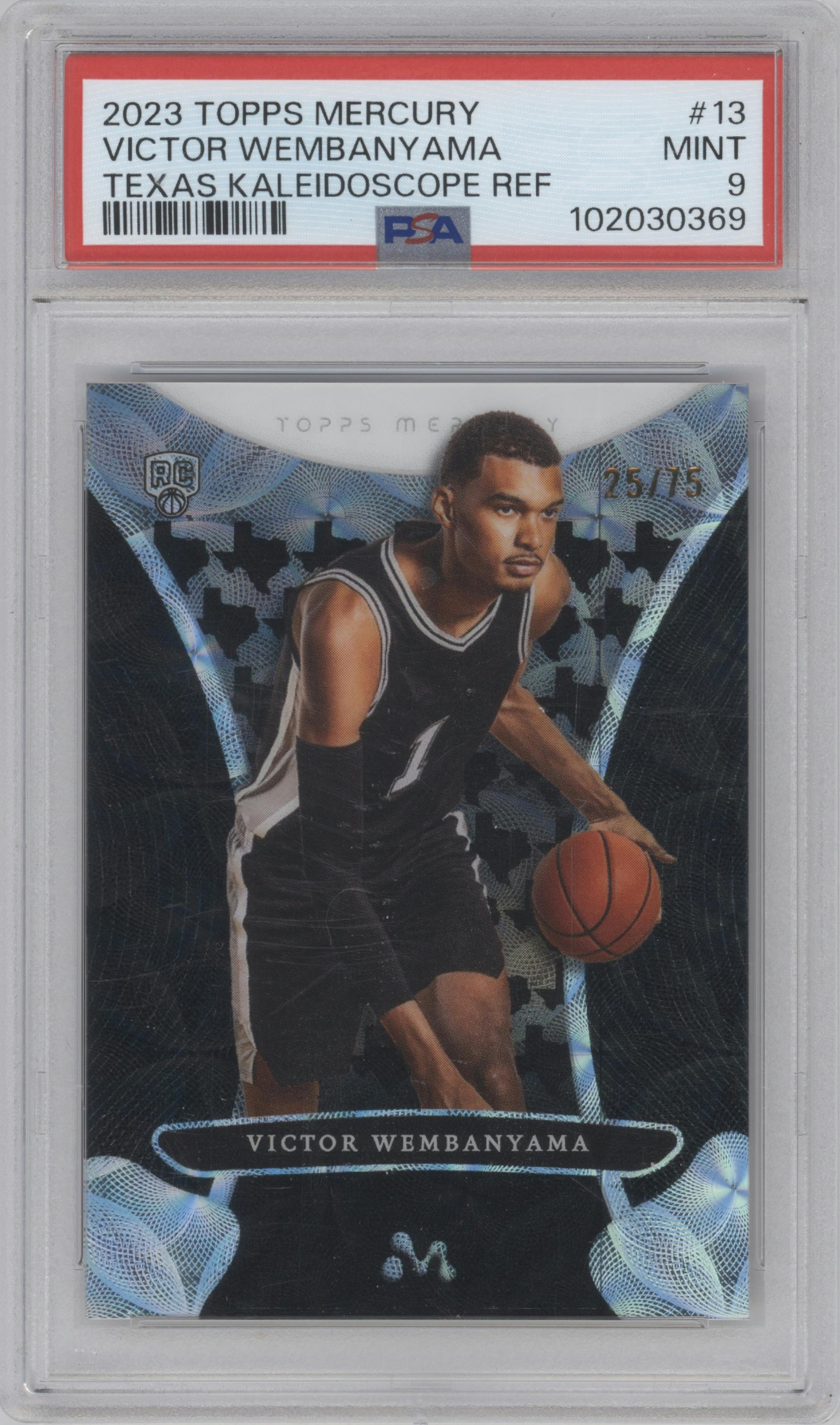 Victor Wembanyama from the 2023-24 Topps Mercury set featuring a Texas Kaleidoscope Refractors parallel graded by PSA and given an overall grade of 9.