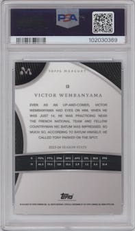 Victor Wembanyama from the 2023-24 Topps Mercury set featuring a Texas Kaleidoscope Refractors parallel graded by PSA and given an overall grade of 9.