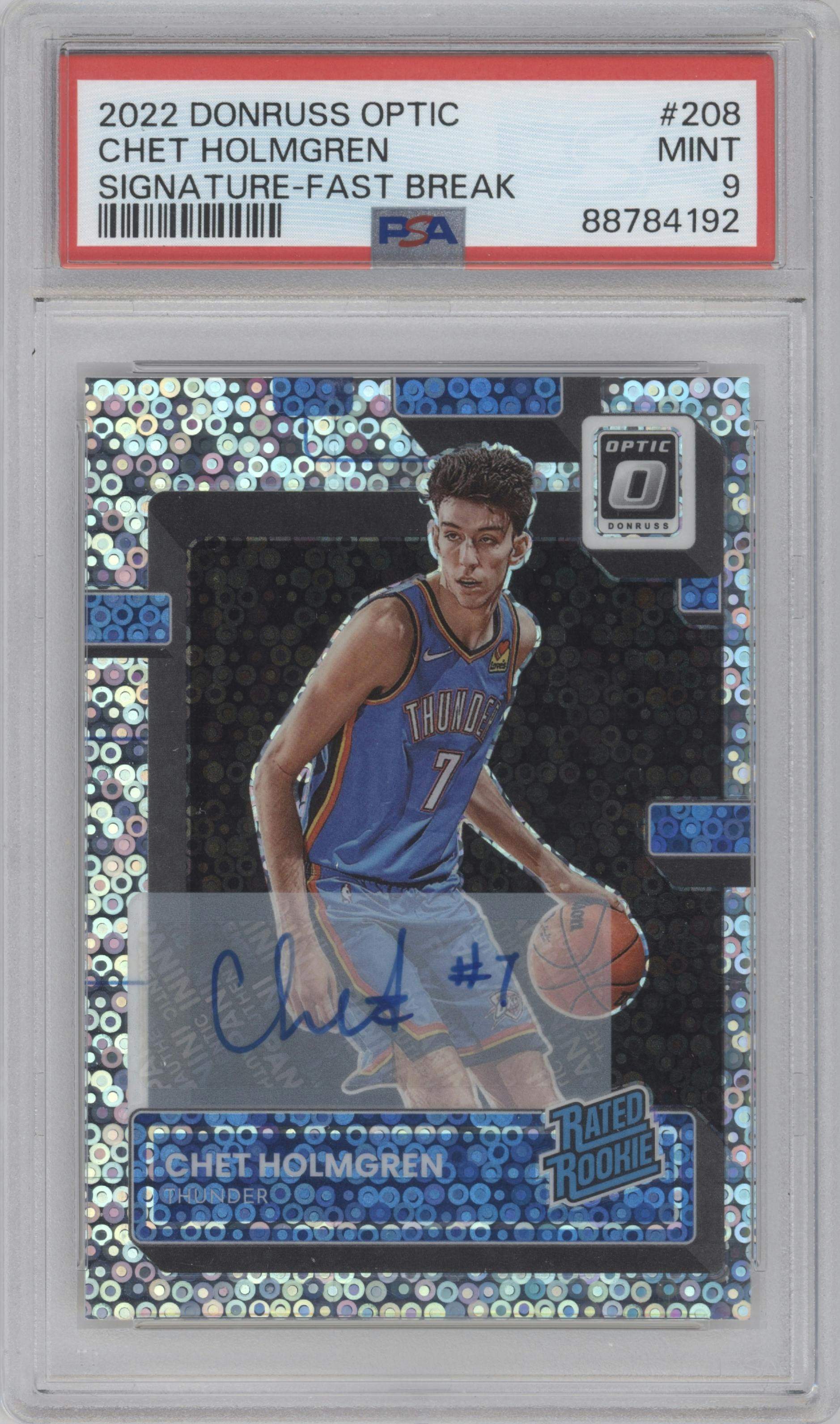 Chet Holmgren from the 2022-23 Panini Donruss Optic  set featuring a Fast Break parallel graded by PSA and given an overall grade of 9.