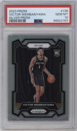 Victor Wembanyama from the 2023-24 Panini Prizm set featuring a Silver Prizm  parallel graded by PSA and given an overall grade of 10.