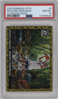 Anthony Edwards from the 2024-25 Donruss Optic set featuring a Gold parallel graded by PSA and given an overall grade of 10.