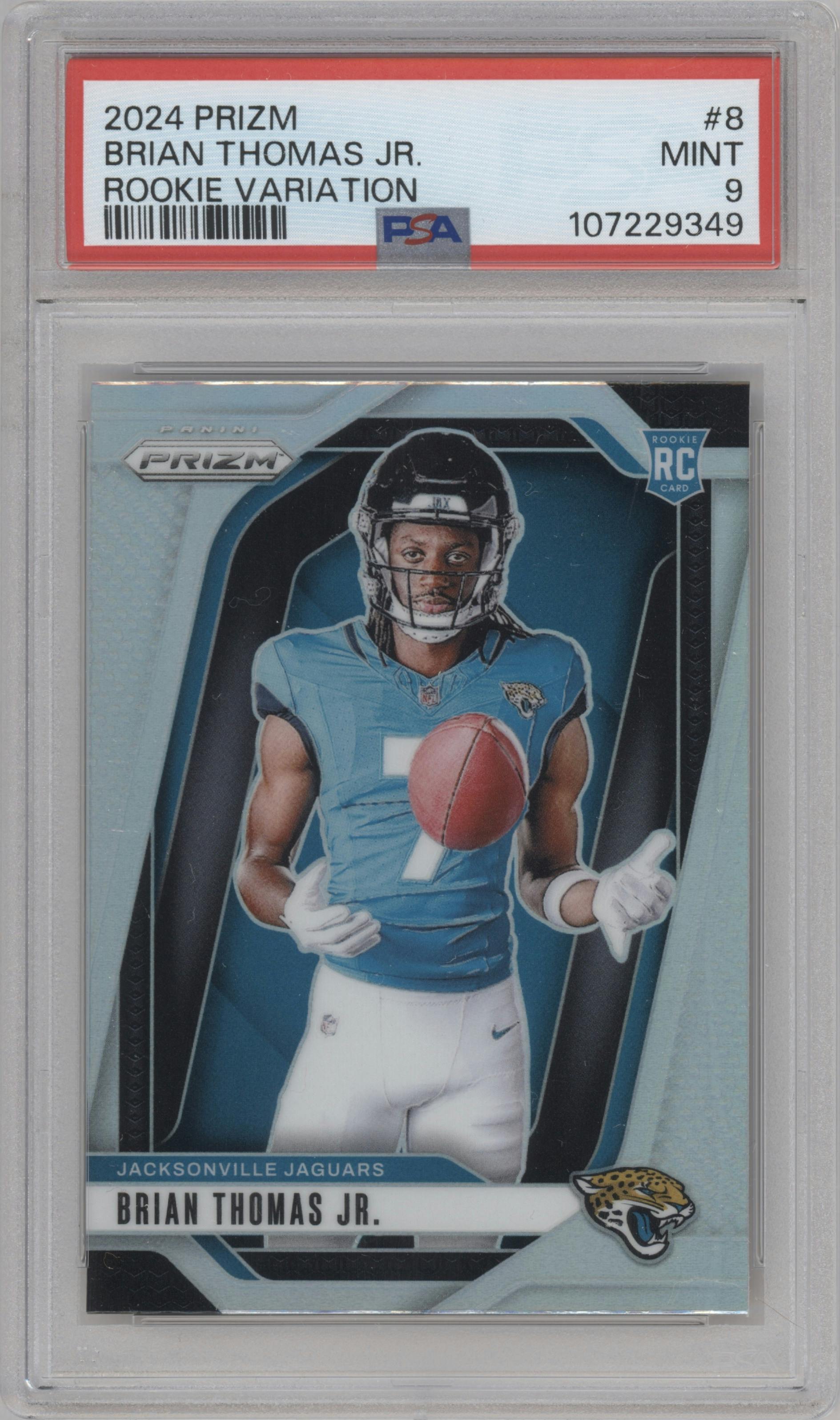 Brian Thomas Jr. from the 2024 Panini Prizm set graded by PSA and given an overall grade of 9.