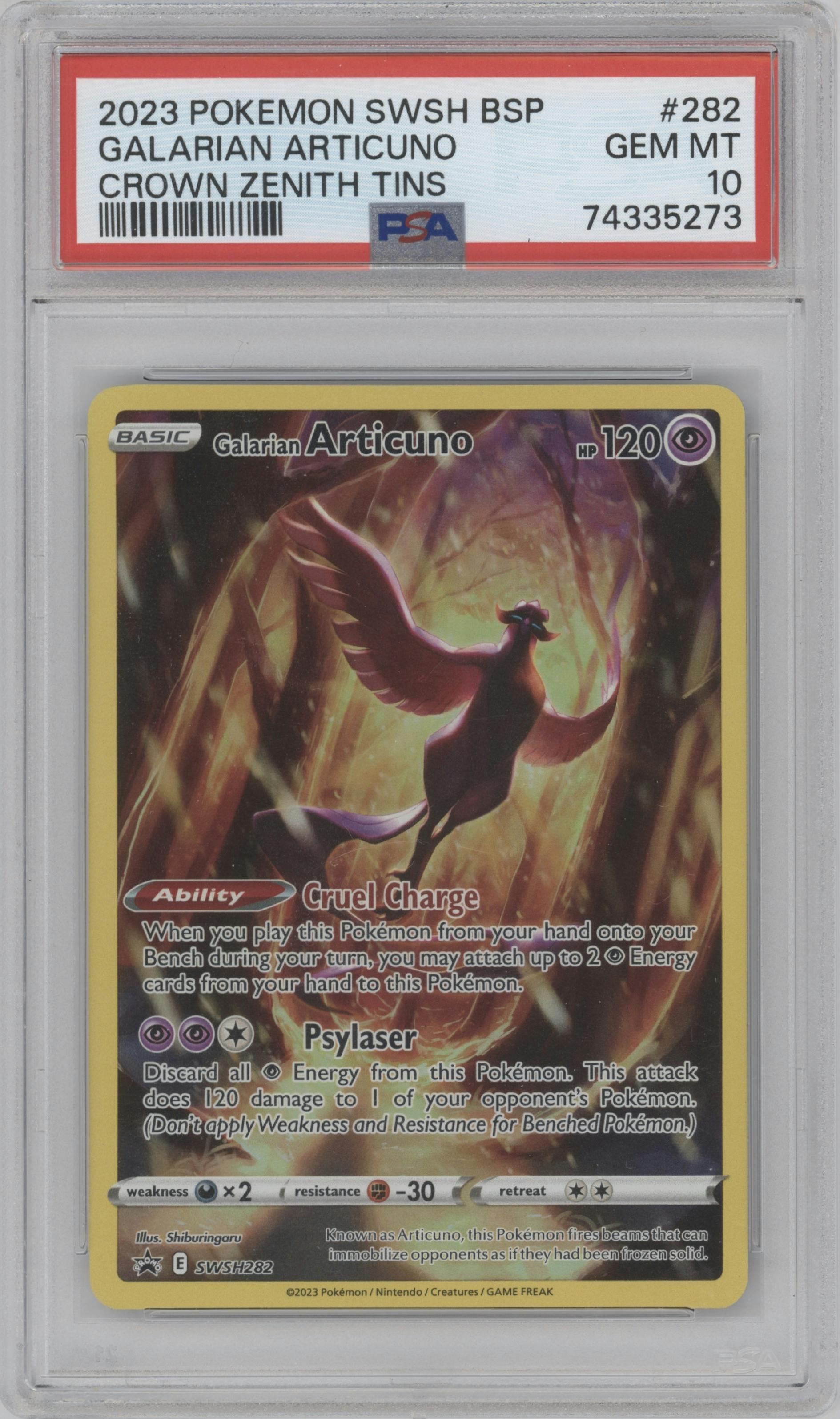 Galarian Articuno from the 2023 Pokemon SWSH set featuring a Crown Zenith Collection Tin parallel graded by PSA and given an overall grade of 10.