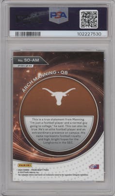 Arch Manning from the 2024 Panini Prizm Draft Picks set featuring a Red Ice parallel graded by PSA and given an overall grade of 10.