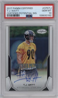 T.J. Watt from the 2017 Panini Certified set graded by PSA and given an overall grade of 10.