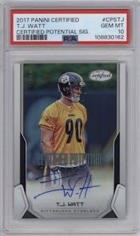 T.J. Watt from the 2017 Panini Certified set graded by PSA and given an overall grade of 10.