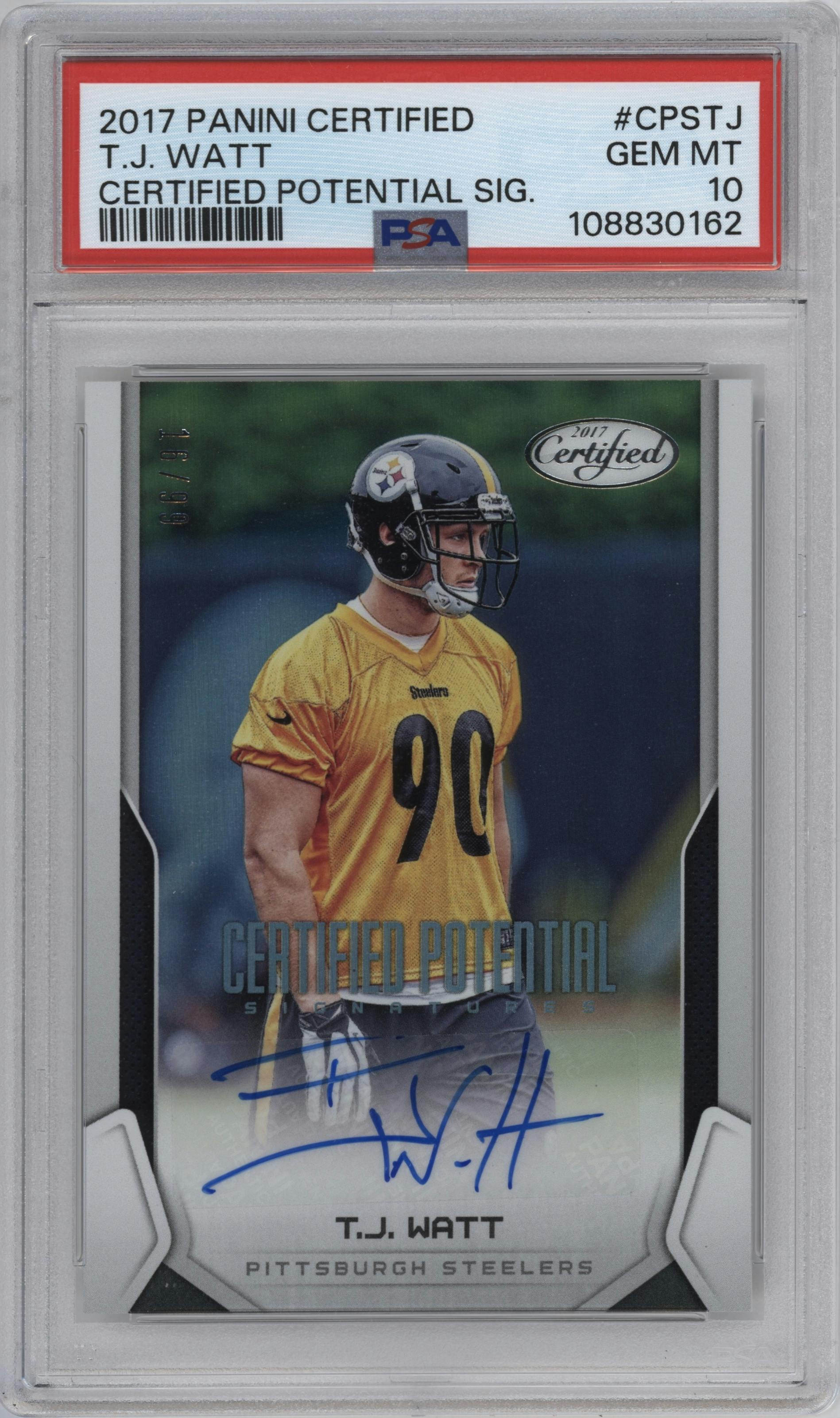 T.J. Watt from the 2017 Panini Certified set graded by PSA and given an overall grade of 10.