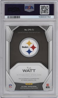 T.J. Watt from the 2017 Panini Certified set graded by PSA and given an overall grade of 10.
