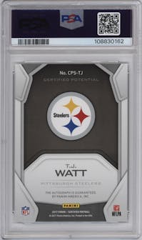 T.J. Watt from the 2017 Panini Certified set graded by PSA and given an overall grade of 10.