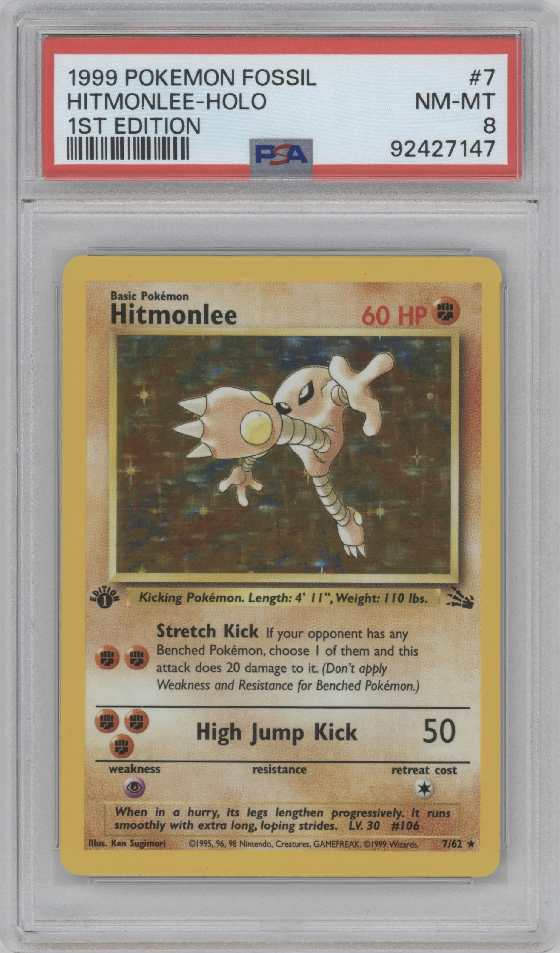 Hitmonlee from the 1999 Pokemon set graded by PSA and given an overall grade of 8.