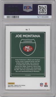 Joe Montana from the 2024 Donruss Optic set graded by PSA and given an overall grade of 10.
