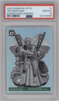 Joe Montana from the 2024 Donruss Optic set graded by PSA and given an overall grade of 10.