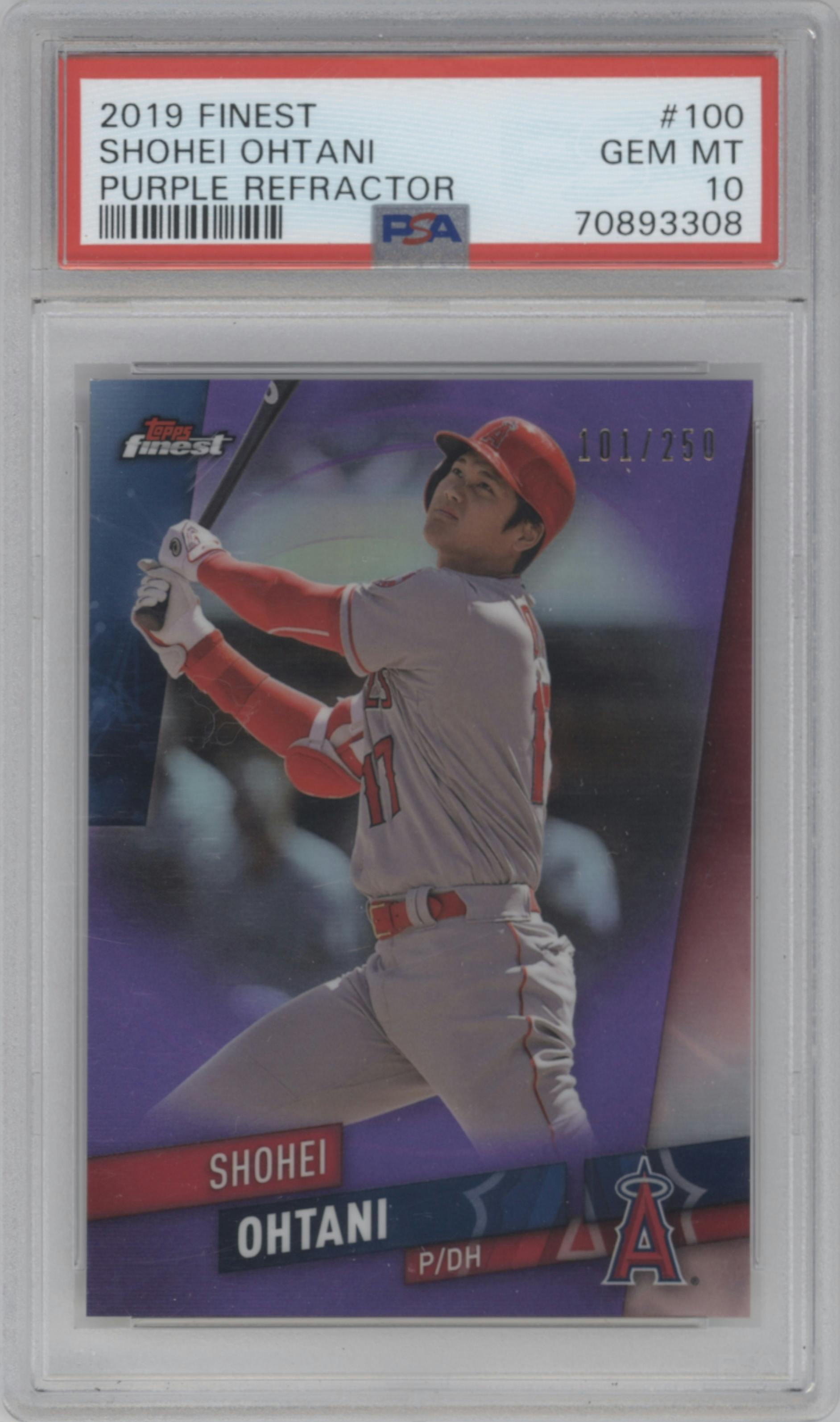 Shohei Ohtani from the 2019 Topps Finest  set featuring a Purple Refractor  parallel graded by PSA and given an overall grade of 10.