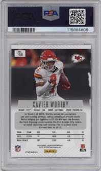 Xavier Worthy from the 2024 Panini Prizm Deca set featuring a Mojo Prizm parallel graded by PSA and given an overall grade of 10.