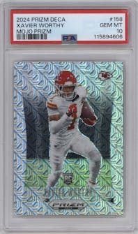 Xavier Worthy from the 2024 Panini Prizm Deca set featuring a Mojo Prizm parallel graded by PSA and given an overall grade of 10.