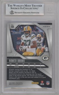 Romeo Doubs from the 2024 Panini Prizm set featuring a Black Finite parallel graded by Beckett and given an overall grade of 9.