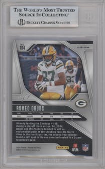 Romeo Doubs from the 2024 Panini Prizm set featuring a Black Finite parallel graded by Beckett and given an overall grade of 9.