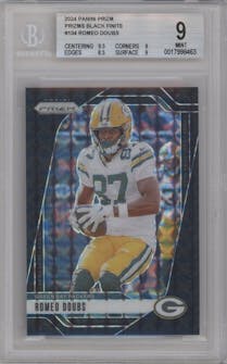 Romeo Doubs from the 2024 Panini Prizm set featuring a Black Finite parallel graded by Beckett and given an overall grade of 9.