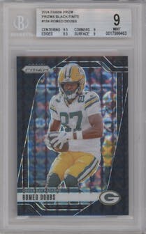 Romeo Doubs from the 2024 Panini Prizm set featuring a Black Finite parallel graded by Beckett and given an overall grade of 9.