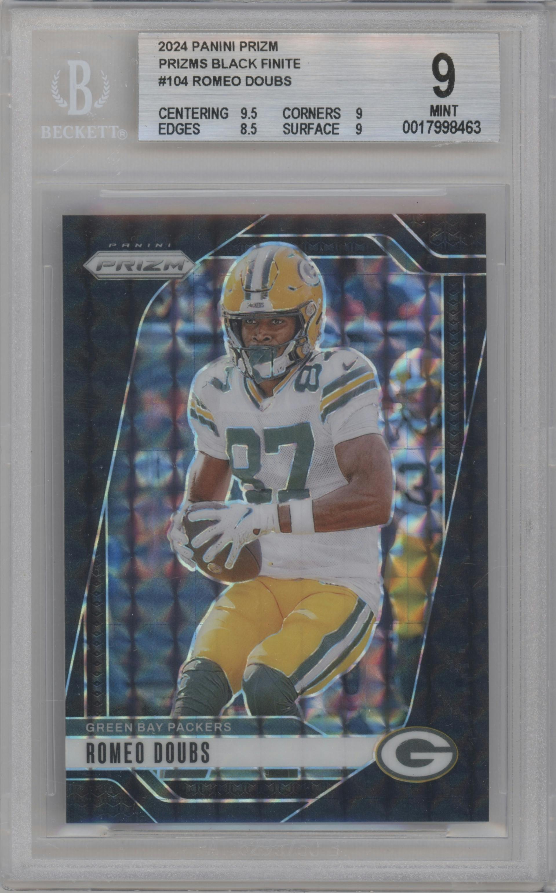 Romeo Doubs from the 2024 Panini Prizm set featuring a Black Finite parallel graded by Beckett and given an overall grade of 9.