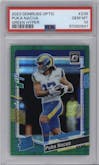 Puka Nacua from the 2023 Donruss Optic set featuring a Hyper Green parallel graded by PSA and given an overall grade of 10.