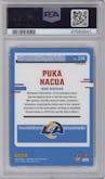 Puka Nacua from the 2023 Donruss Optic set featuring a Hyper Green parallel graded by PSA and given an overall grade of 10.