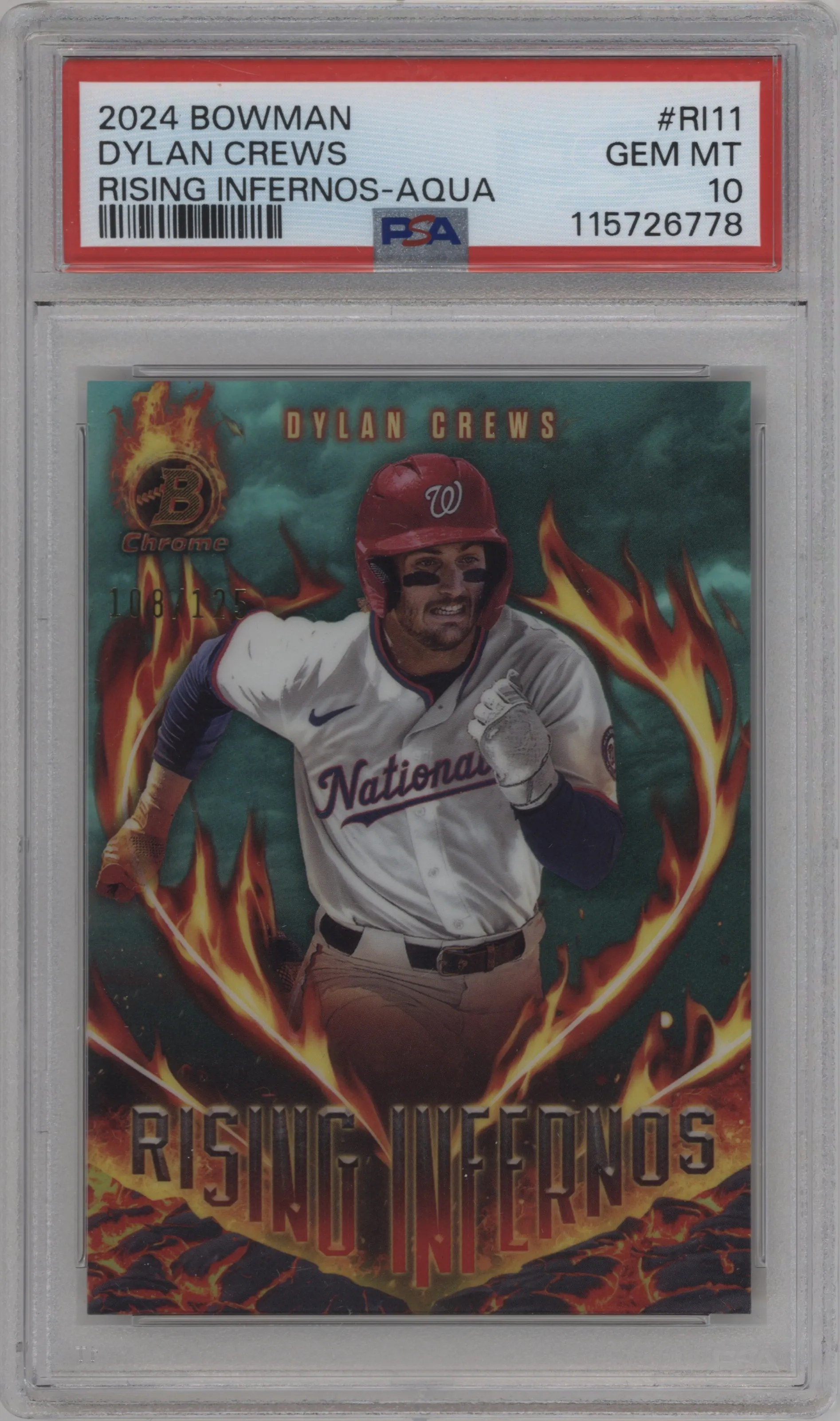 2024 Bowman Rising Infernos Dylan Crews Aqua Refractor PSA 10