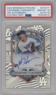 Yoshinobu Yamamoto from the 2024 Bowman Sterling set graded by PSA and given an overall grade of 10.