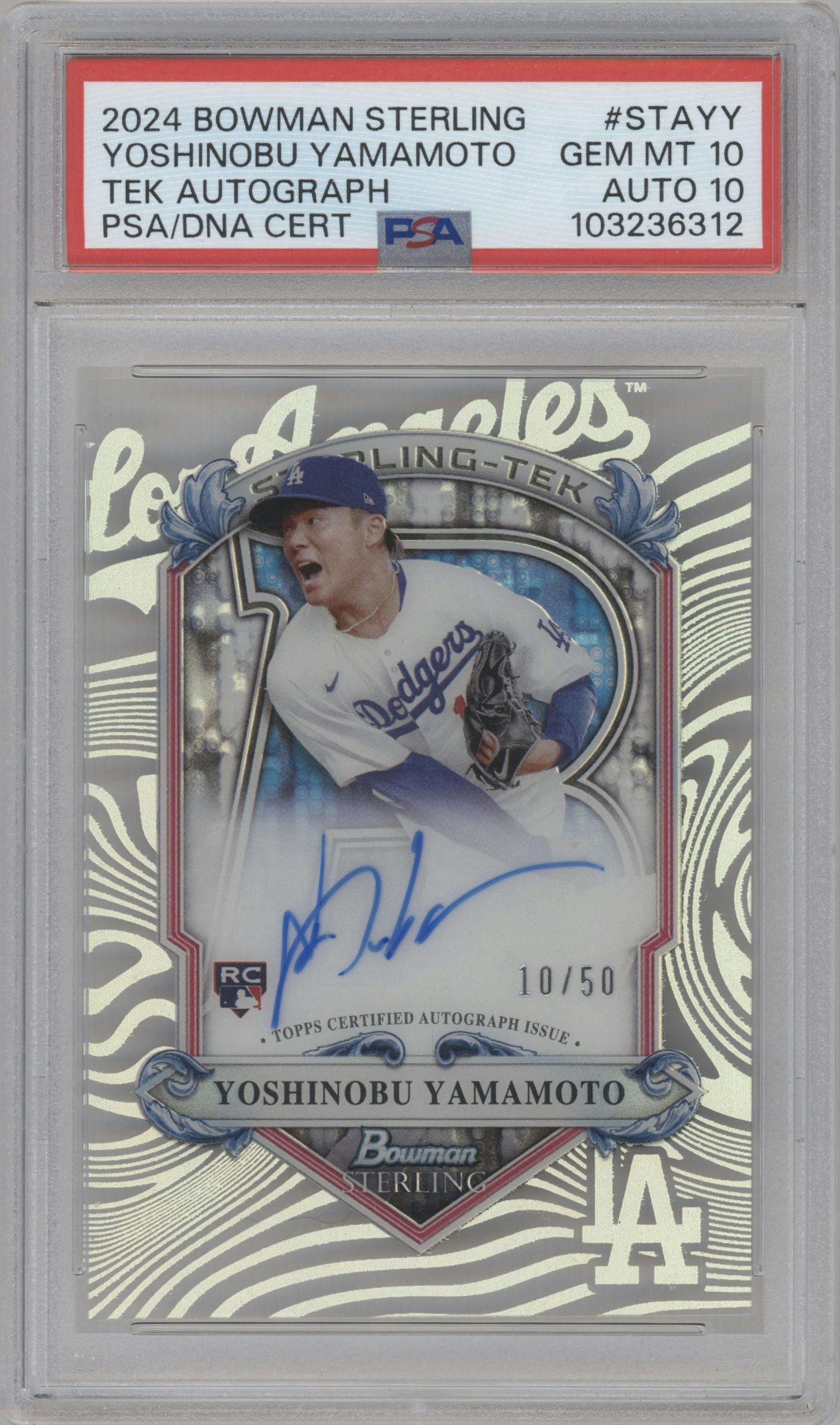 Yoshinobu Yamamoto from the 2024 Bowman Sterling set graded by PSA and given an overall grade of 10.